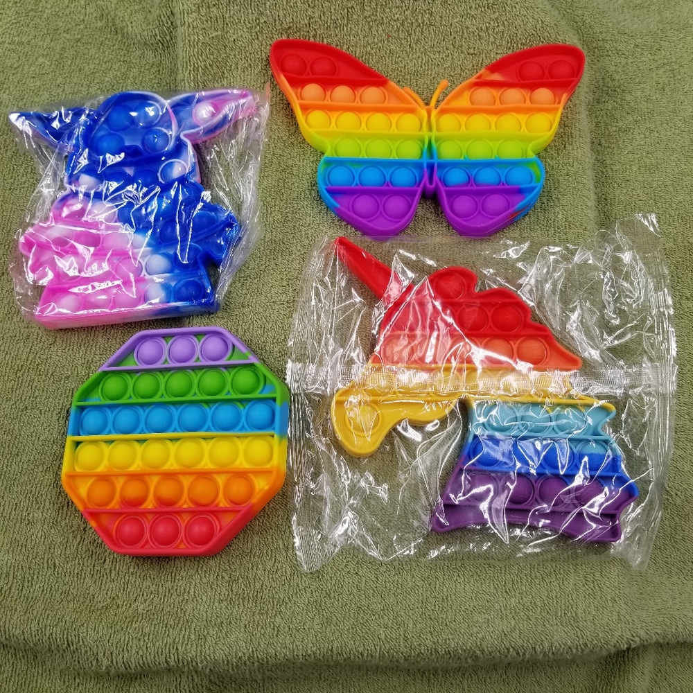 Pop It Fidget Toys NWOT Bundle of Four Unicorn Baby Yoda Octagon Butterfly